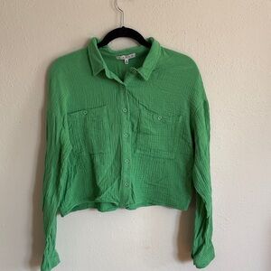 Lightweight Green Button-Down Cropped Shirt